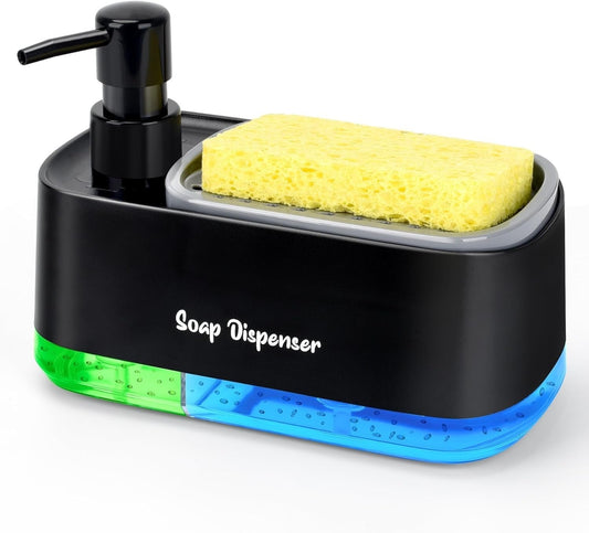 Kitchen Dishwashing Soap Dispenser with Dual Compartments Hand Wash & Sponge Tray