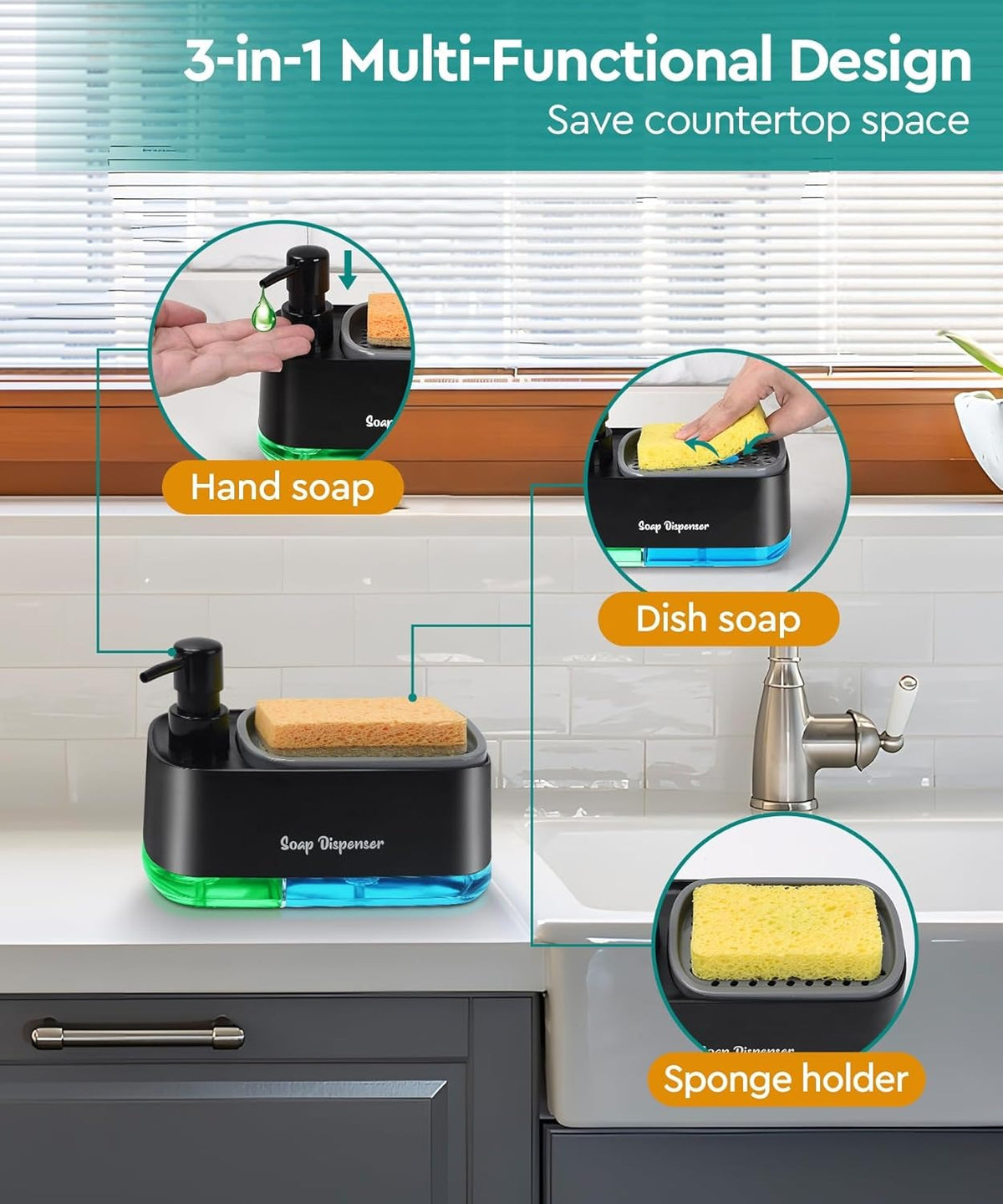 Kitchen Dishwashing Soap Dispenser with Dual Compartments Hand Wash & Sponge Tray