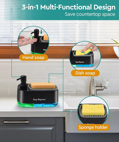 Kitchen Dishwashing Soap Dispenser with Dual Compartments Hand Wash & Sponge Tray
