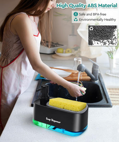 Kitchen Dishwashing Soap Dispenser with Dual Compartments Hand Wash & Sponge Tray
